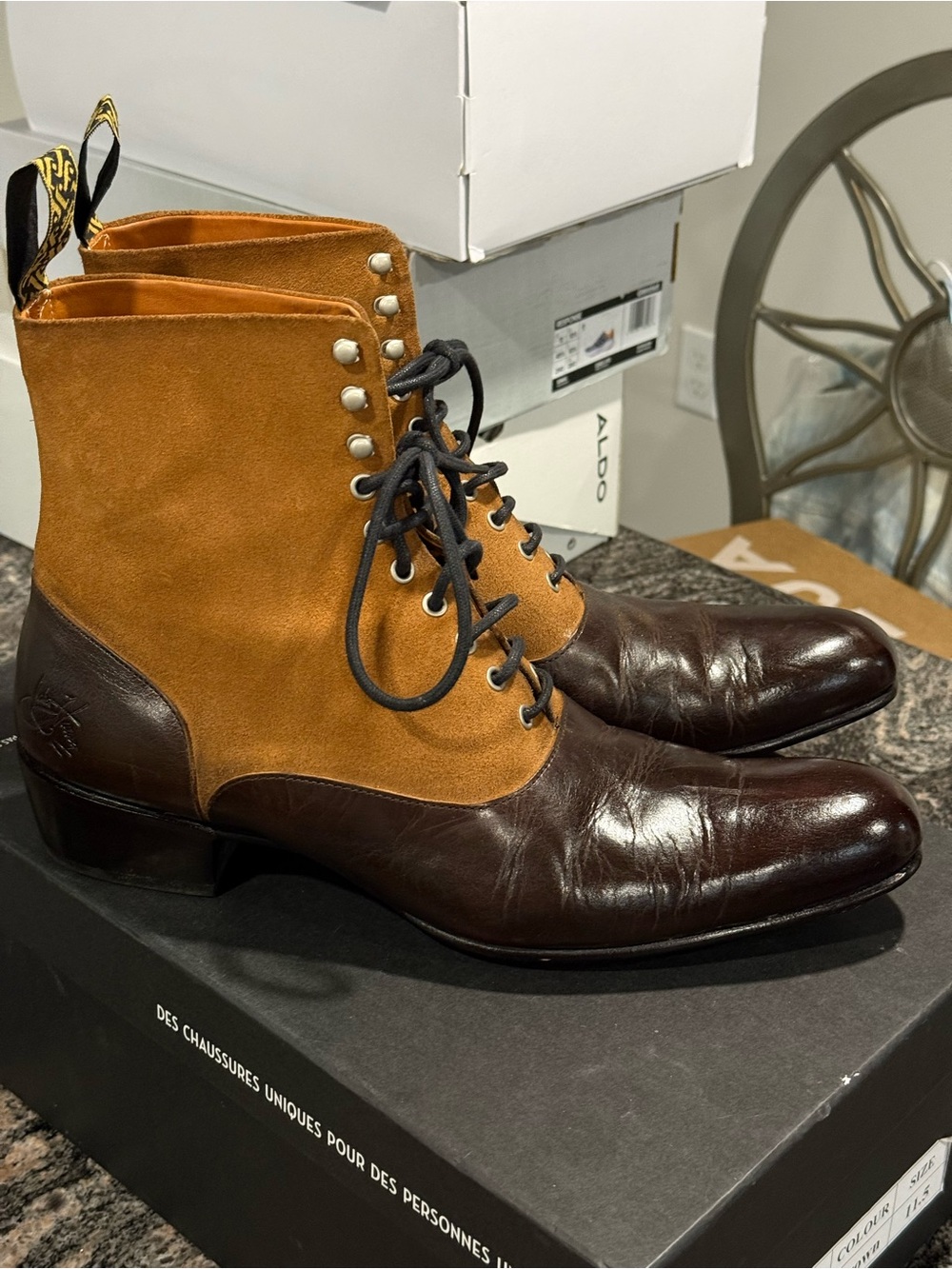 JOHN FLUEVOG Leather and Suede Men's Lace-Up Dress Boots
